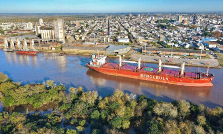 El puerto de Concepción del Uruguay recibe al buque ultramarino Berge Shari para exportación de madera a Argelia