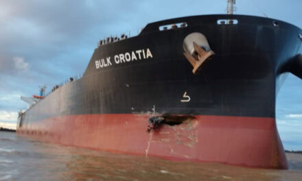 Colisión entre el granelero Mv Bulk Croatia y un convoy de barcazas en el KM 343 del Puerto San Nicolás